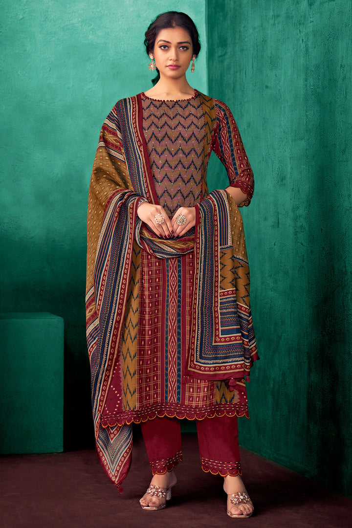 Maroon Pure Pashmina Digital Print Casual Dress