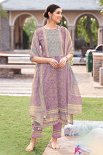Load image into Gallery viewer, Lavender Pure Mal Mal Cotton Hand Block Print Straight Cut Suit
