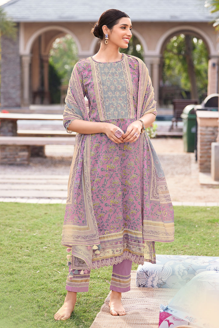 Lavender Pure Mal Mal Cotton Hand Block Print Straight Cut Suit