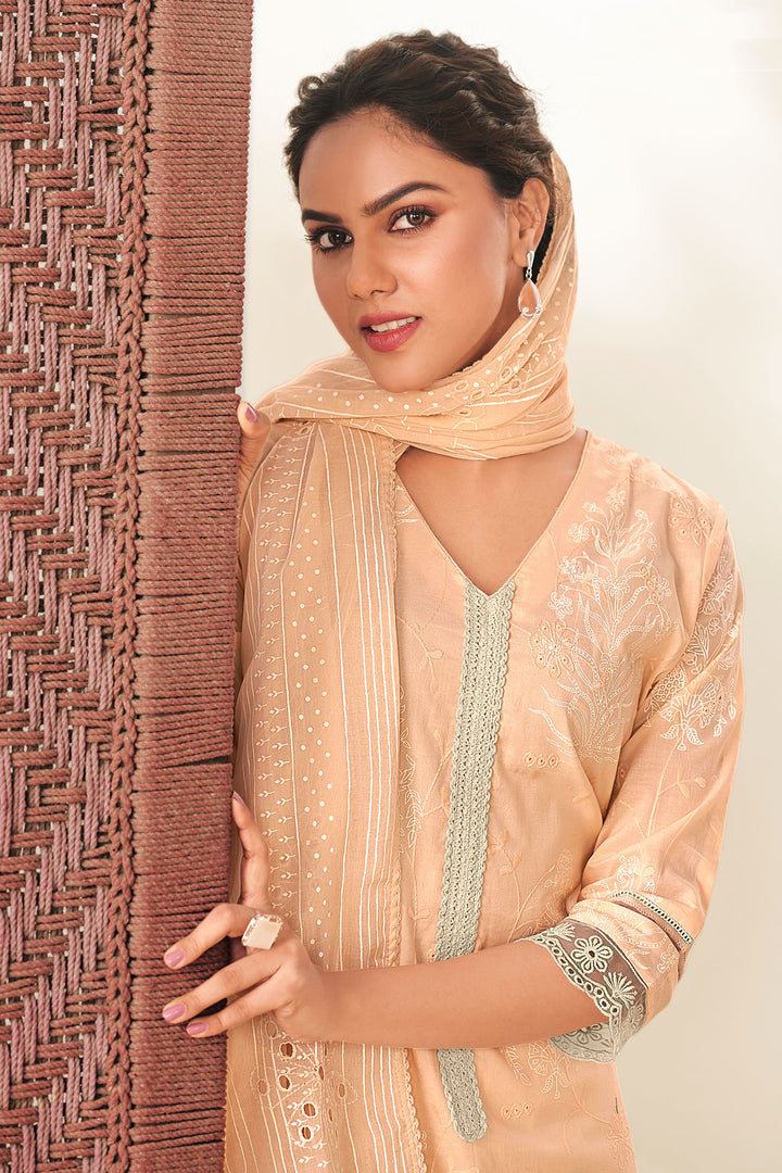 Peach Color Cotton Embroidered Long Suit