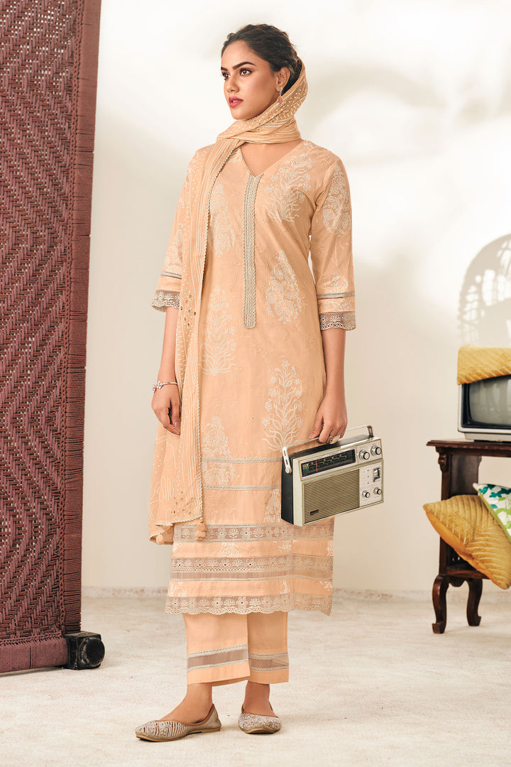 Peach Color Cotton Embroidered Long Suit