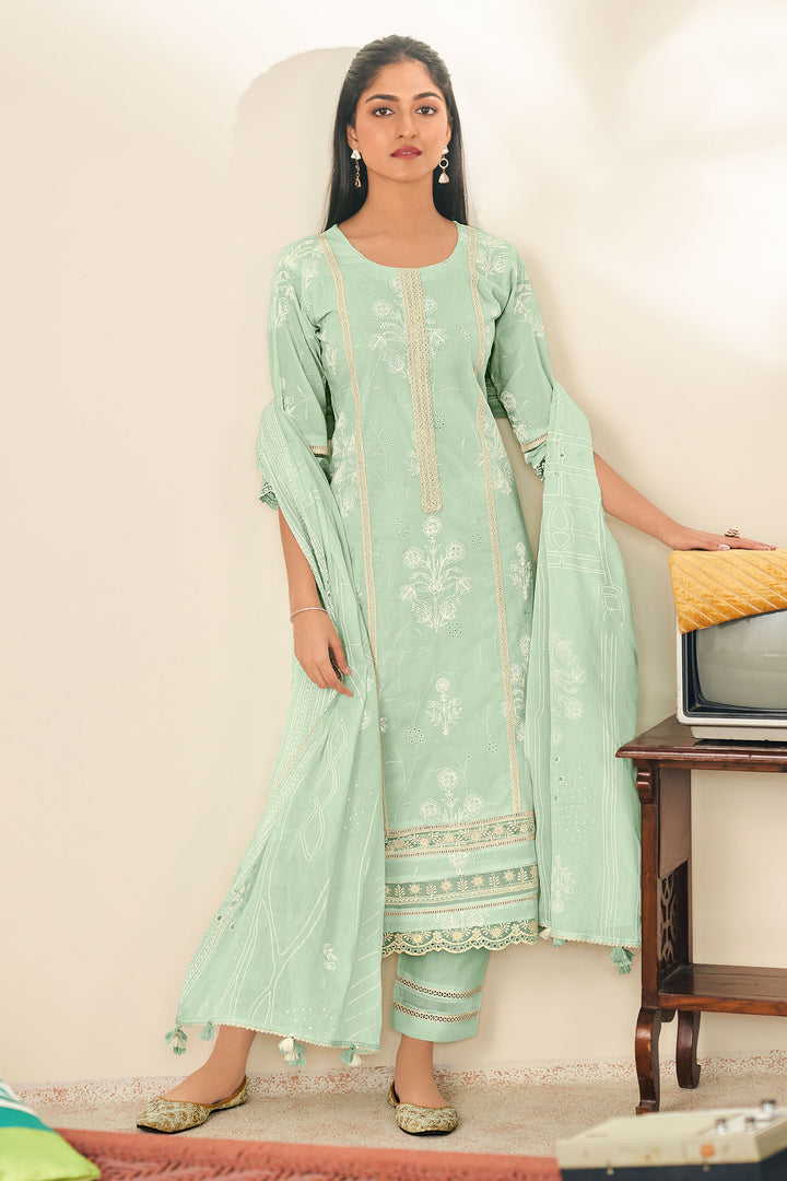 Light Cyan Cotton Embroidered Long Dress