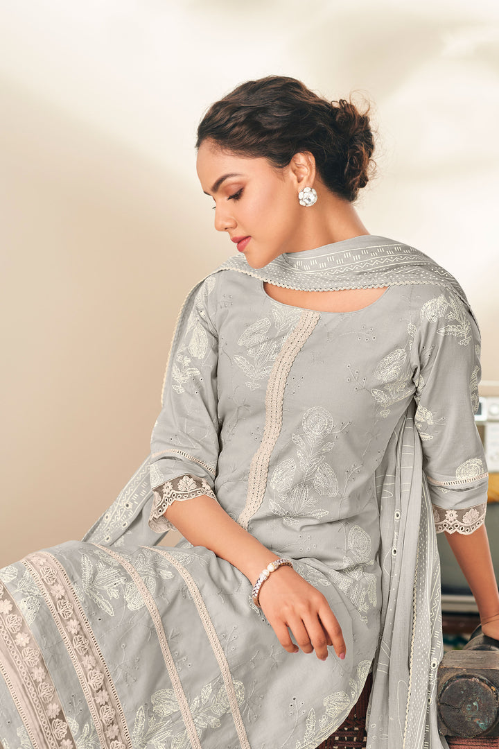 Cotton Embroidered Long Salwar Kameez In Grey Color