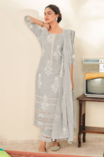 Load image into Gallery viewer, Cotton Embroidered Long Salwar Kameez In Grey Color
