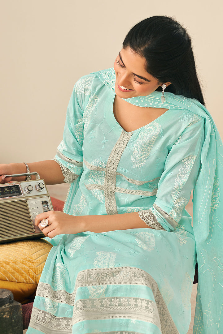 Cotton Embroidered Long Salwar Suit In Cyan Color