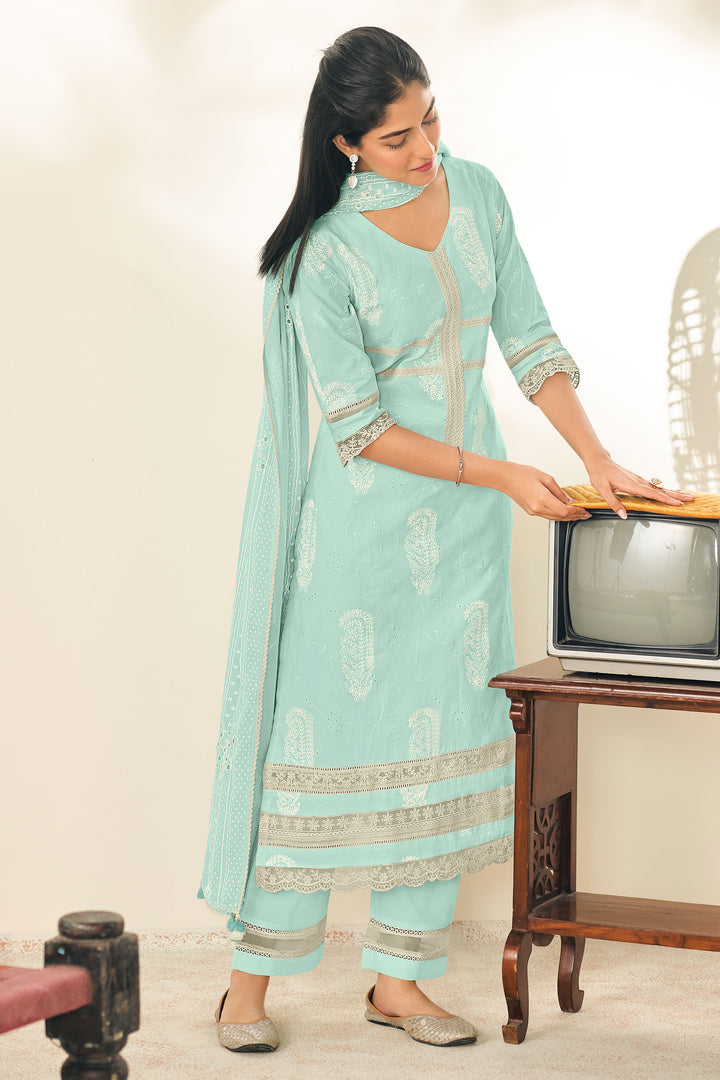 Cotton Embroidered Long Salwar Suit In Cyan Color