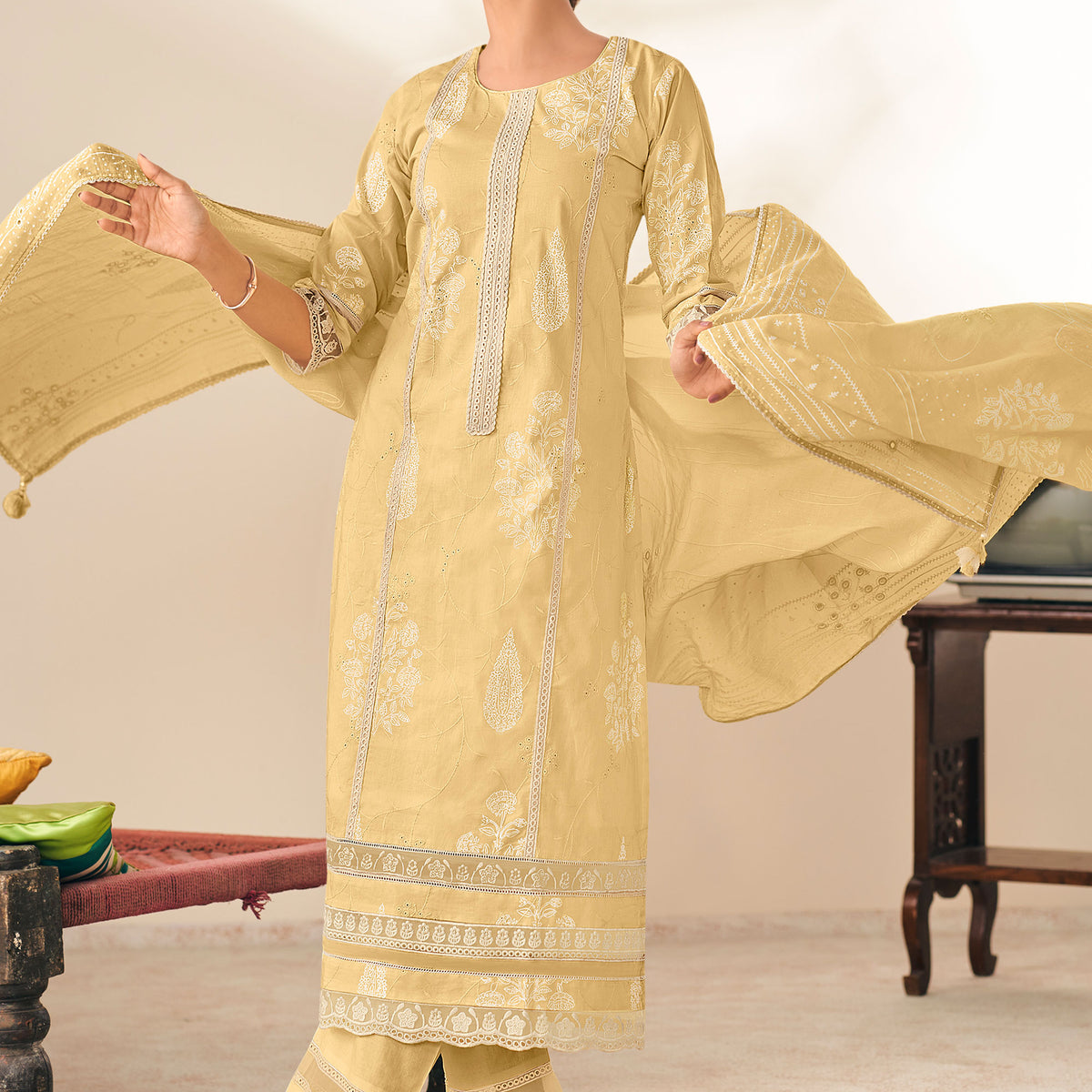 Cotton Embroidered Long Suit In Cream Color – Jay Vijay Prints Pvt. Ltd.