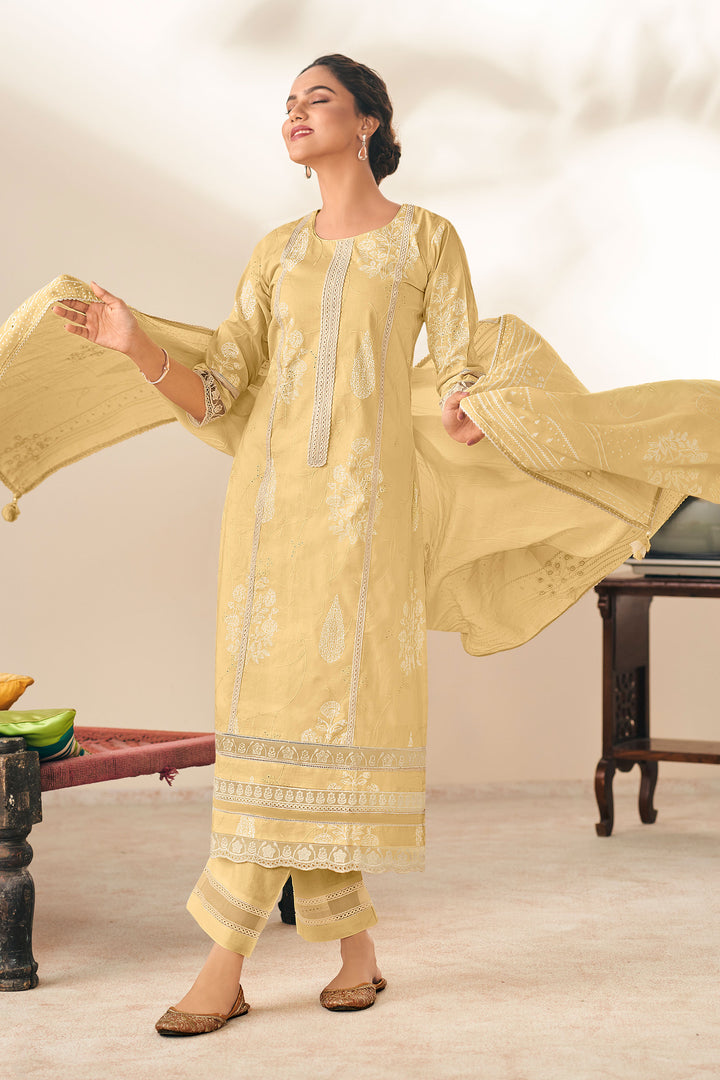 Cotton Embroidered Long Suit In Cream Color