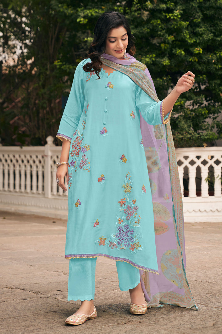 Pure Mal Chanderi Designer Salwar Kameez With Embroidered Work