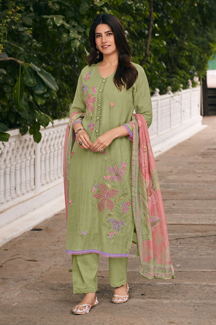 Luxury Mal Chanderi Straight Cut Salwar Kameez With Fancy Embroidery Work