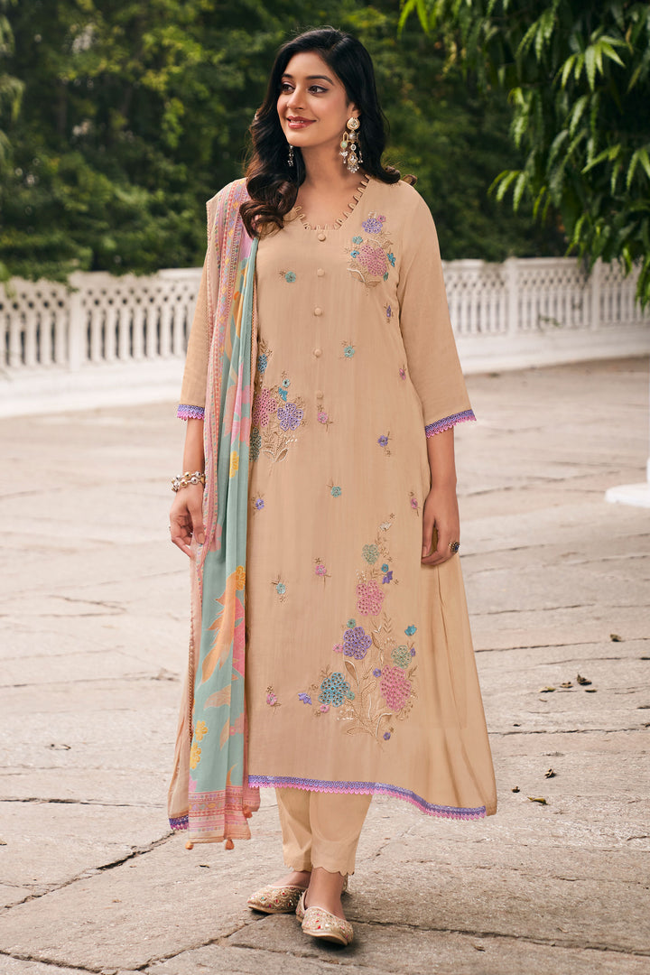 Designer Chanderi Salwar Suit With Cotton Bottom