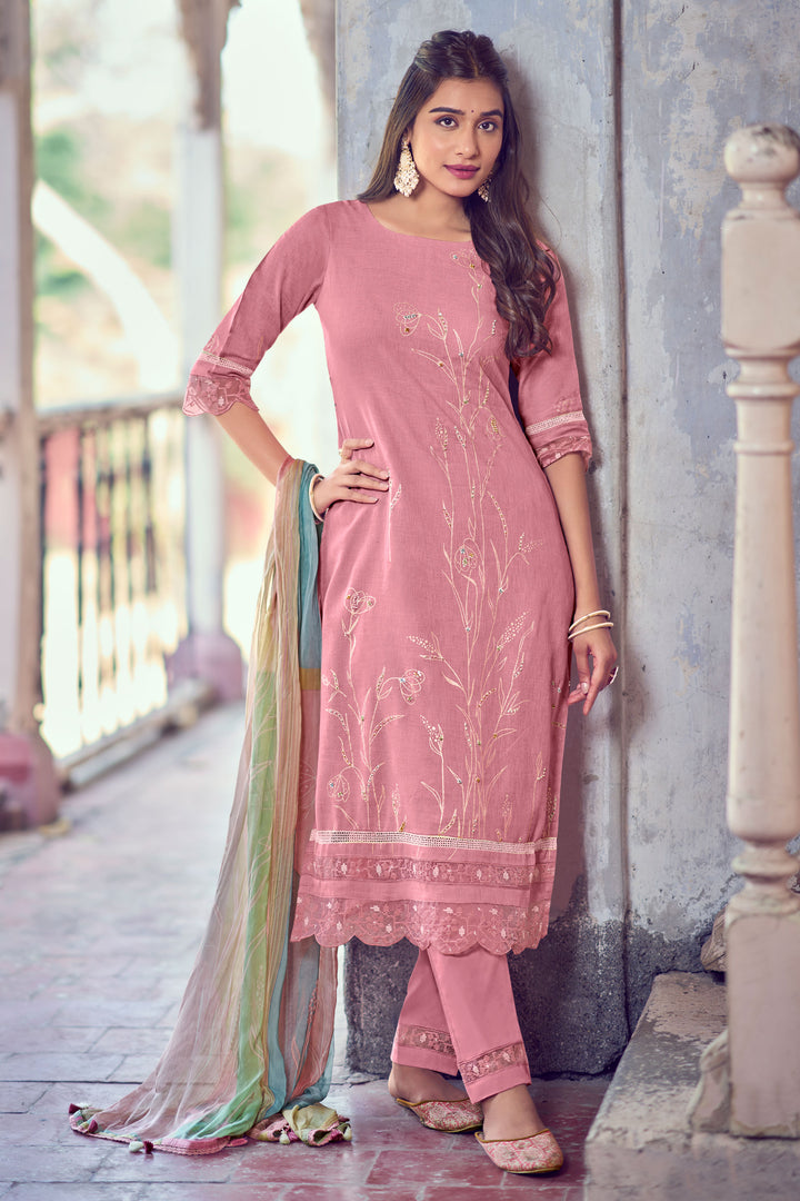 Pink Pure Linen Foil Print With Handwork Daily Wear Salwar Kameez