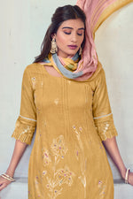 Load image into Gallery viewer, Mustard Color Pure Linen Foil Print With Handwork Daily Wear Salwar Suit
