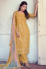 Load image into Gallery viewer, Mustard Color Pure Linen Foil Print With Handwork Daily Wear Salwar Suit
