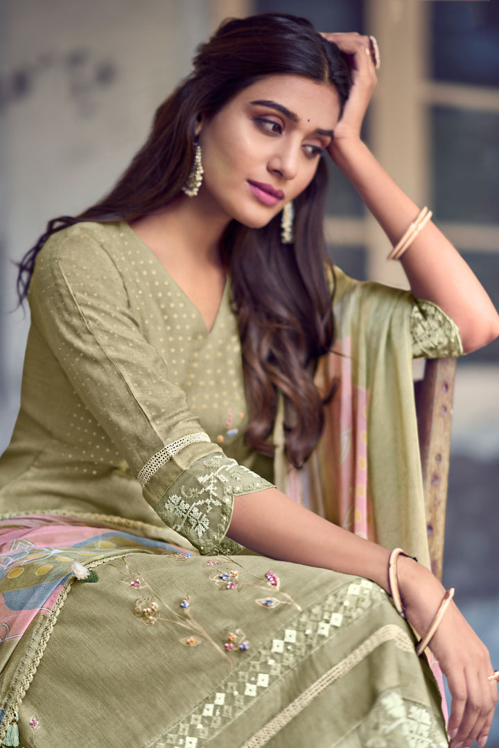 Olive Green Color Pure Linen Foil Print With Handwork Daily Wear Suit