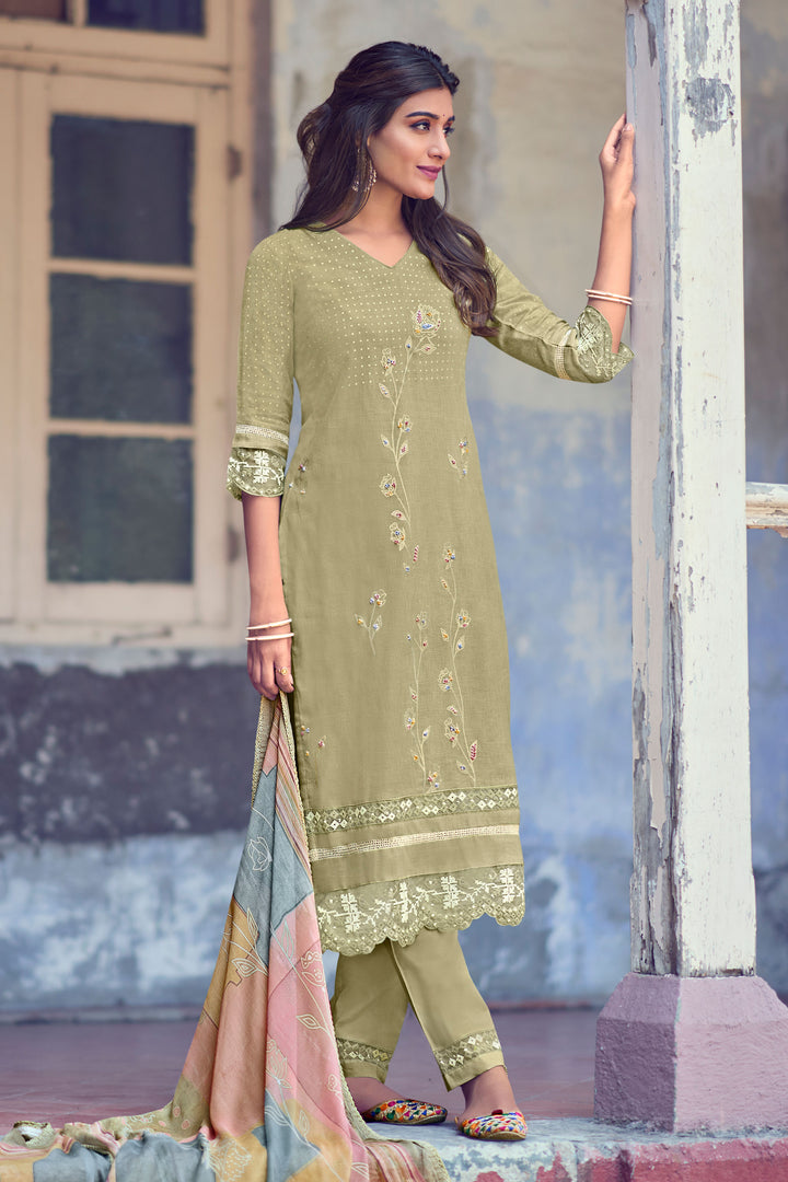 Olive Green Color Pure Linen Foil Print With Handwork Daily Wear Suit