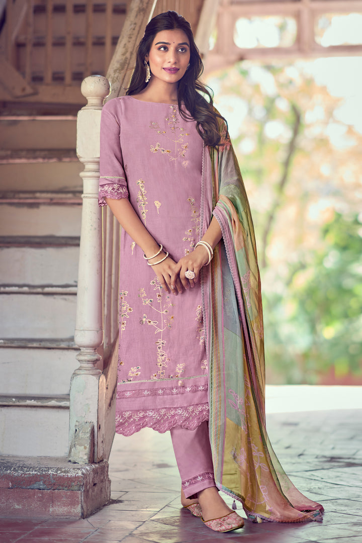 Pink Pure Linen Foil Print With Handwork Daily Wear Dress