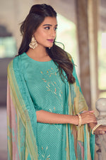 Load image into Gallery viewer, Pure Linen Foil Print With Handwork Daily Wear Salwar Kameez In Cyan Color
