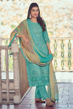 Load image into Gallery viewer, Pure Linen Foil Print With Handwork Daily Wear Salwar Kameez In Cyan Color
