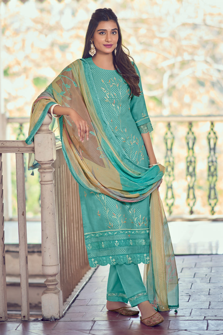 Pure Linen Foil Print With Handwork Daily Wear Salwar Kameez In Cyan Color