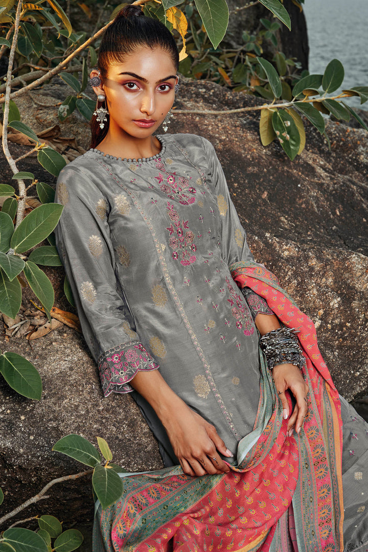 Grey Pure Moga Silk Jacquard Embroidery Designer Long Straight Cut Salwar Kameez