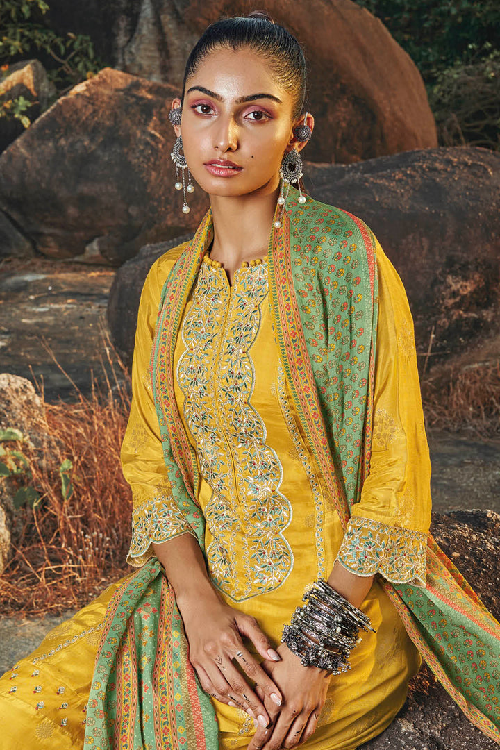 Pure Moga Silk Jacquard Embroidery Yellow Designer Long Straight Cut Suit