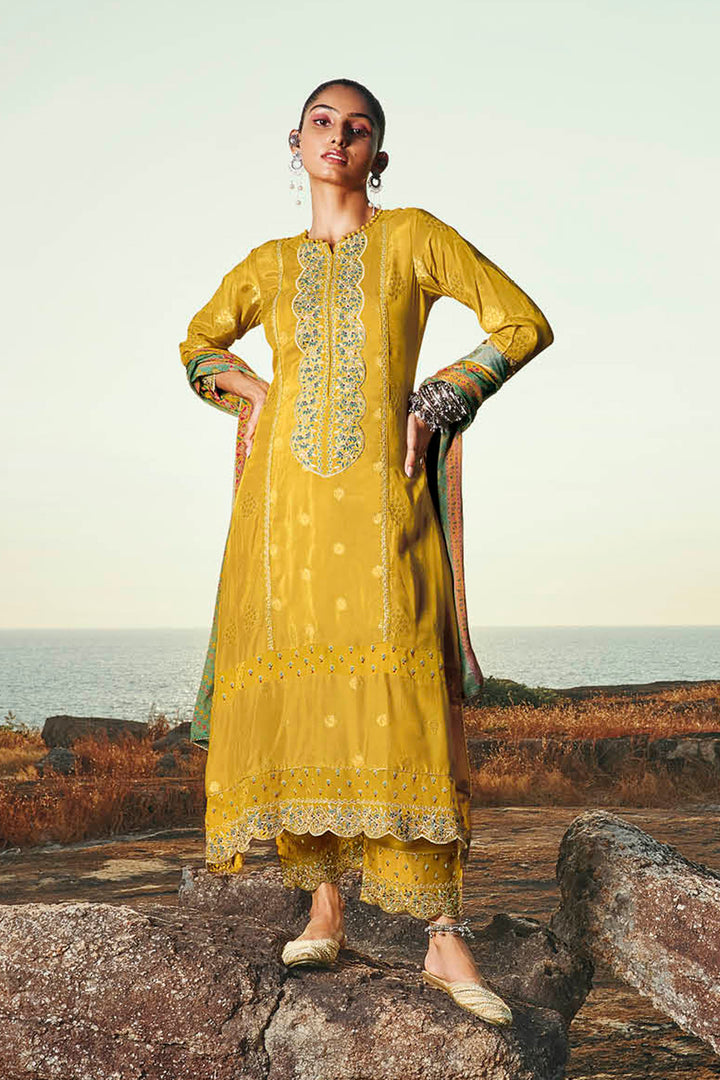Pure Moga Silk Jacquard Embroidery Yellow Designer Long Straight Cut Suit
