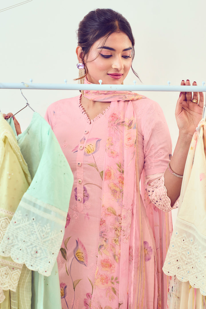 Pink Pure Cotton Fancy Borer Embroidery With Hand Work Brush Print Long Salwar Kameez