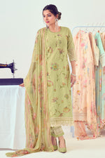 Load image into Gallery viewer, Green Pure Cotton Fancy Borer Embroidery With Hand Work Brush Print Long Salwar Suit
