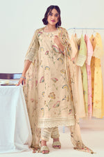 Load image into Gallery viewer, Beige Pure Cotton Fancy Borer Embroidery With Hand Work Brush Print Long Suit
