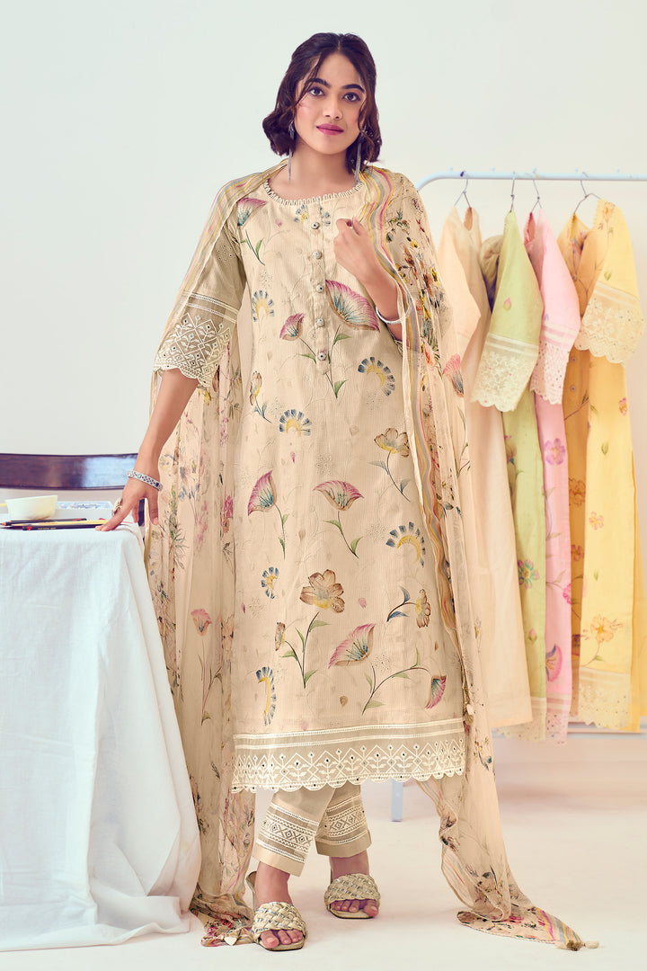 Beige Pure Cotton Fancy Borer Embroidery With Hand Work Brush Print Long Suit