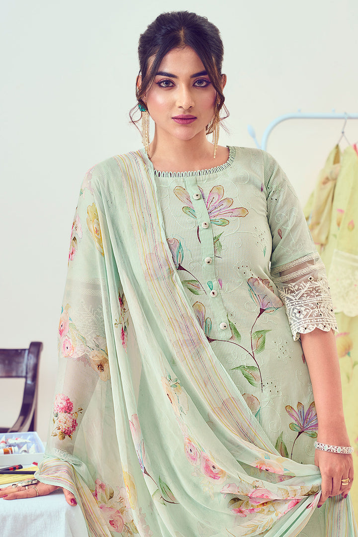 Pure Cotton Fancy Borer Embroidery With Hand Work Brush Print Long Salwar Kameez In Cyan Color