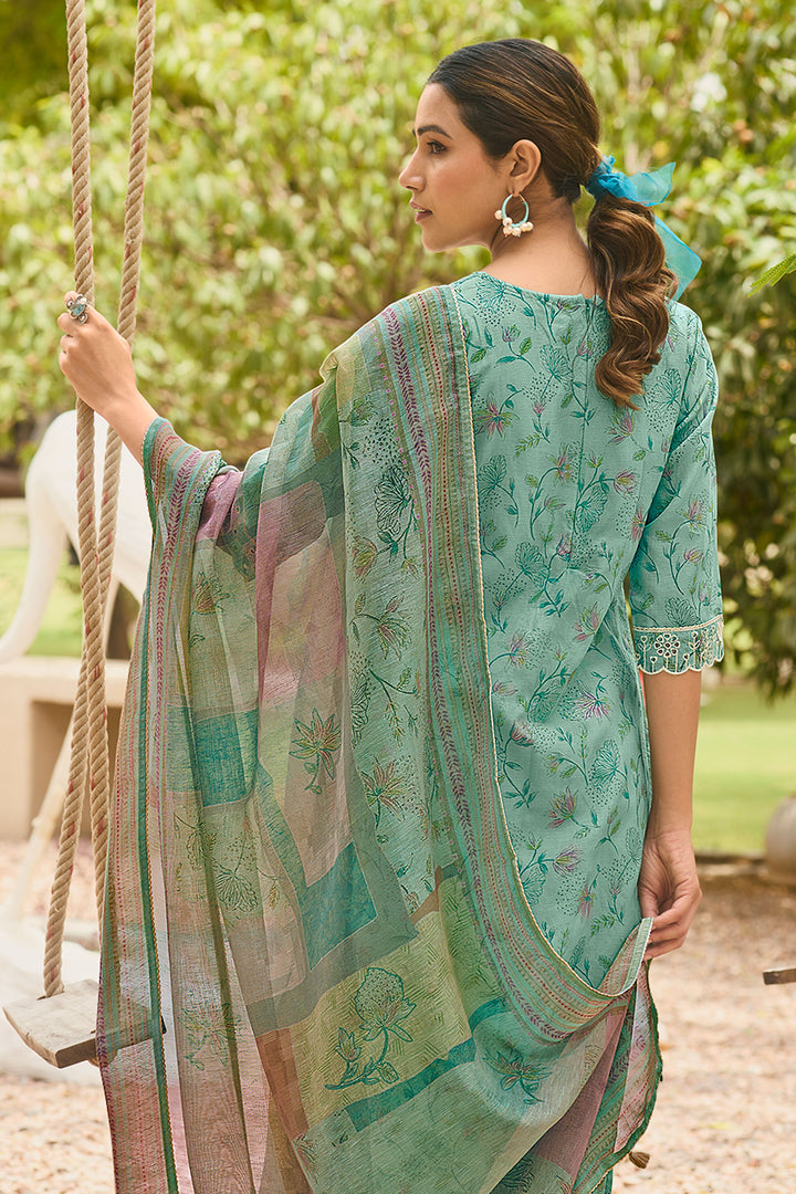 Cyan Pure Mal Chanderi Hand Block Print Salwar Suit
