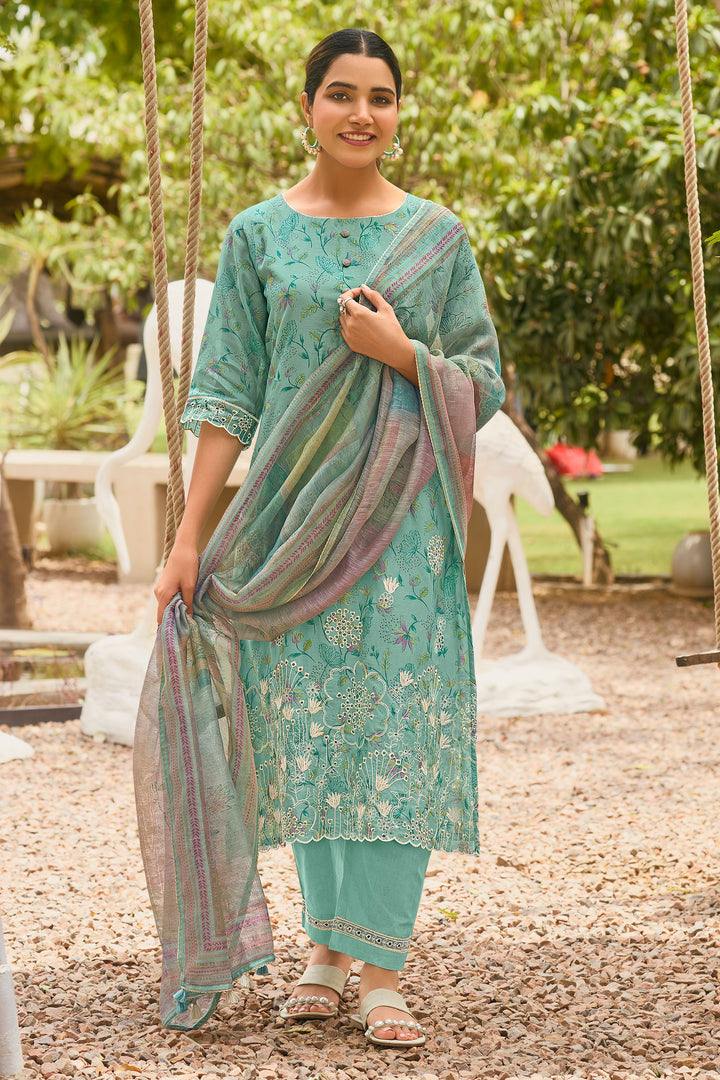 Cyan Pure Mal Chanderi Hand Block Print Salwar Suit