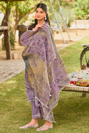 Pure Mal Chanderi Lavender Hand Block Print Suit