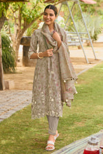 Load image into Gallery viewer, Pure Mal Chanderi Hand Block Print Beige Dress
