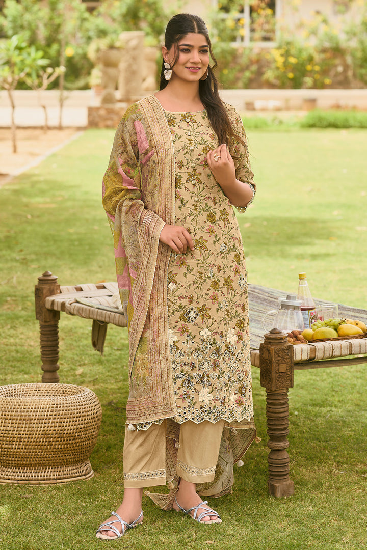 Cream Pure Mal Chanderi Hand Block Print Salwar Suit