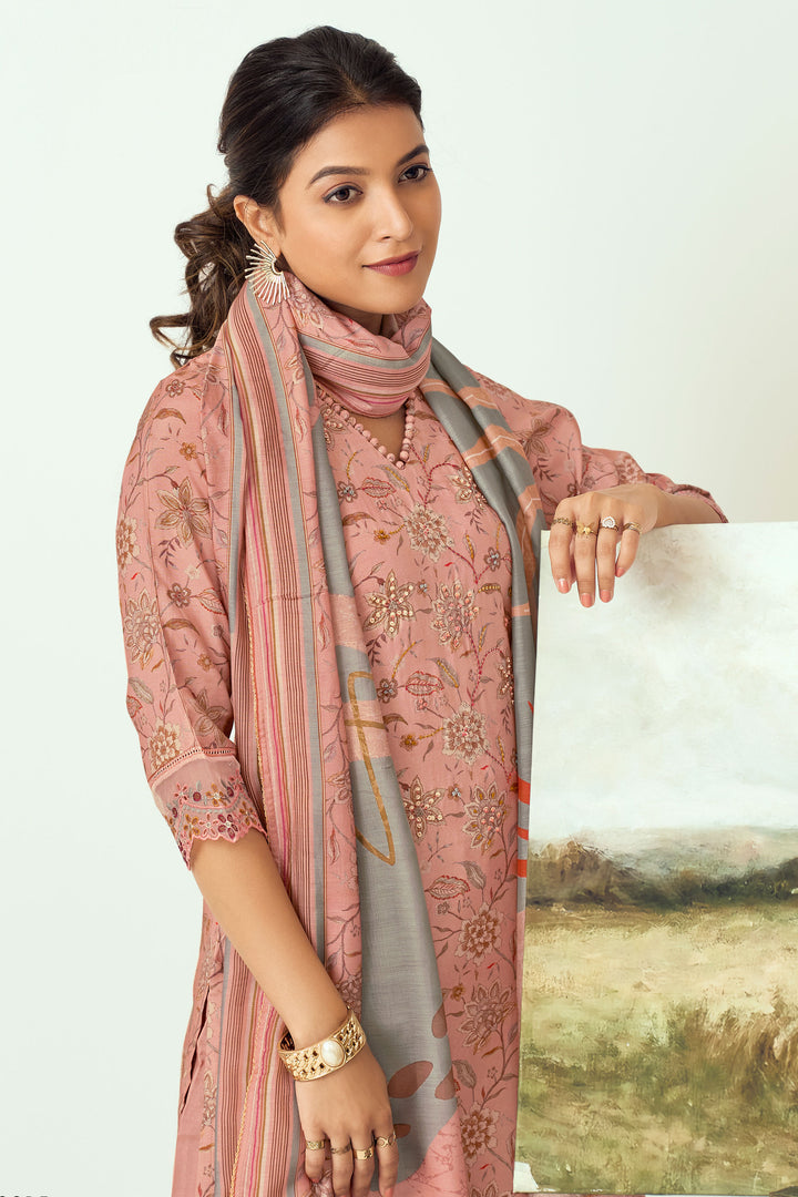 Peach Color Muslin Silk Fabric Digital Printed Salwar Suit