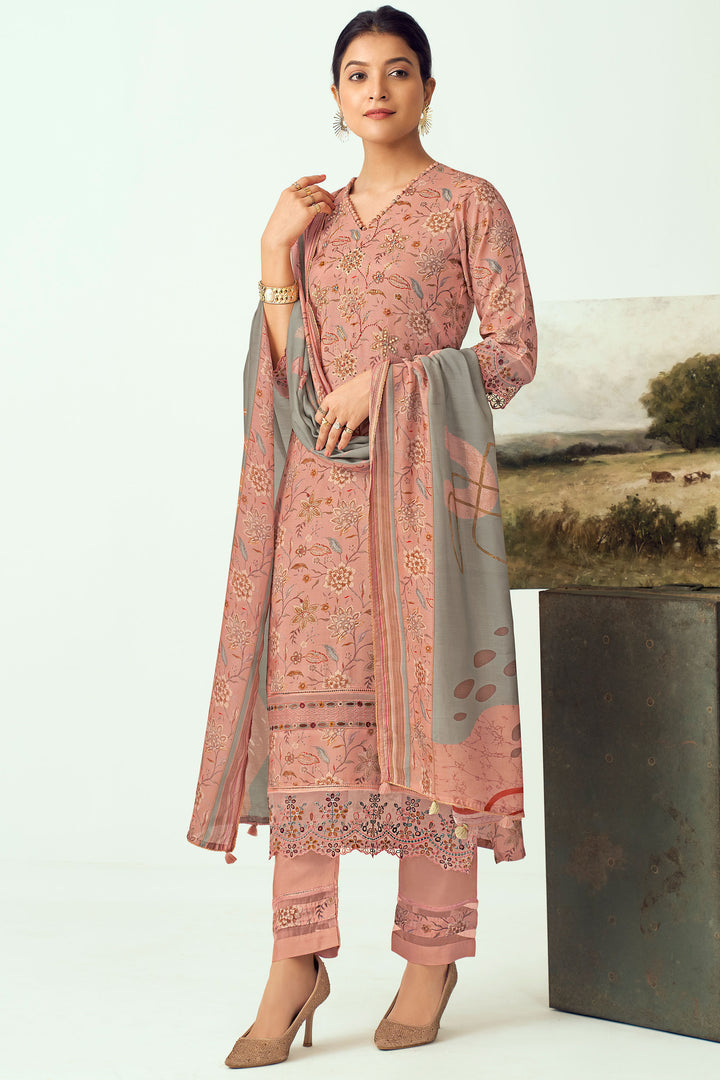 Peach Color Muslin Silk Fabric Digital Printed Salwar Suit