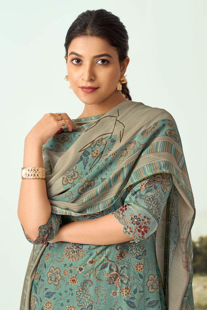 Muslin Silk Fabric Digital Printed Salwar Suit In Sea Green Color