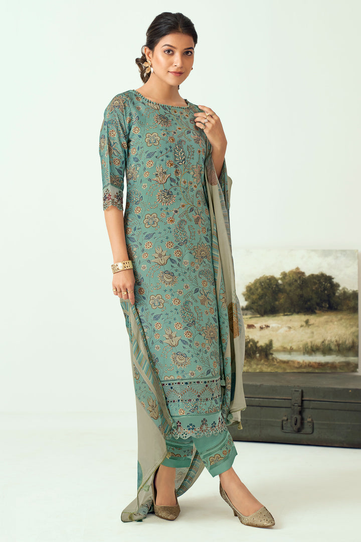 Muslin Silk Fabric Digital Printed Salwar Suit In Sea Green Color