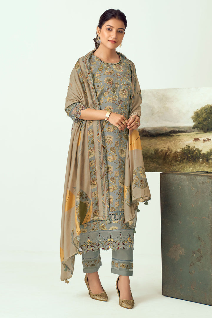 Muslin Silk Fabric Digital Printed Grey Color Salwar Suit