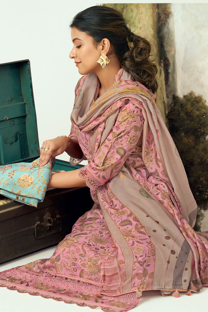 Pink Color Muslin Silk Fabric Digital Printed Salwar Suit