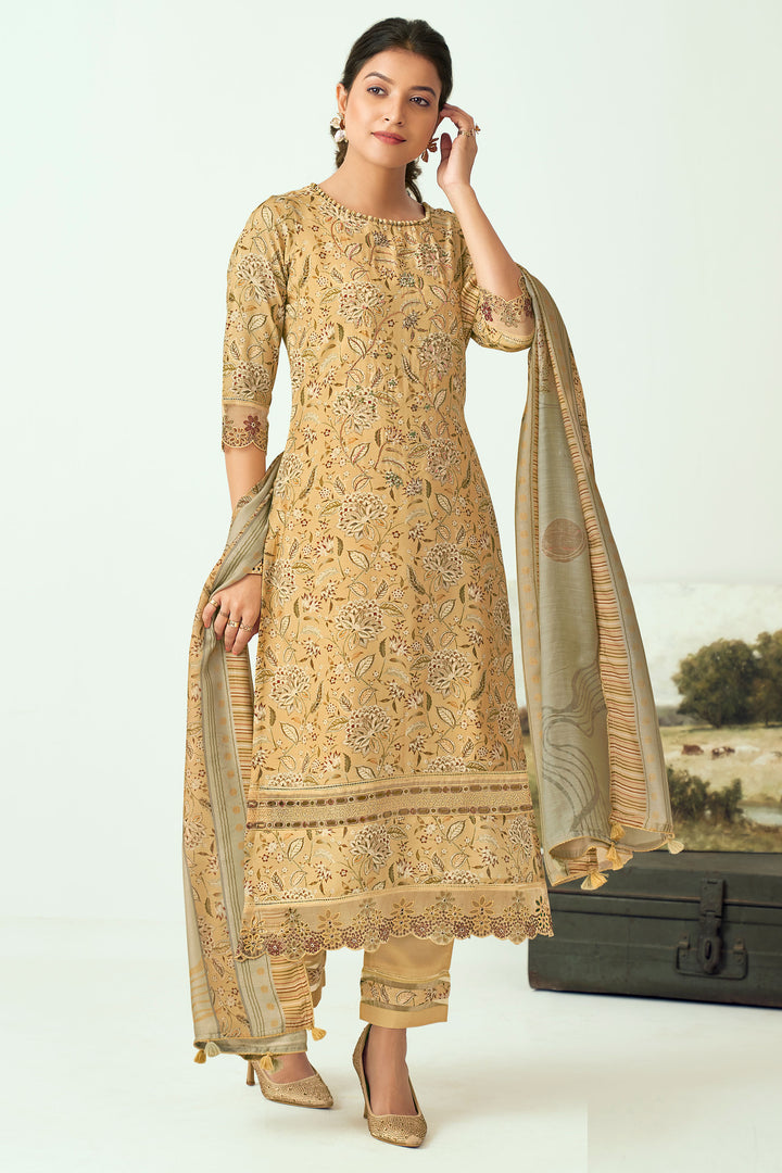 Muslin Silk Fabric Yellow Color Salwar Suit With Digital Printed Work