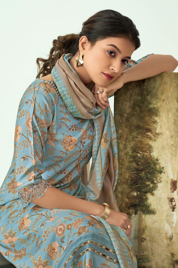 Muslin Silk Fabric Sky Blue Color Digital Printed Salwar Suit