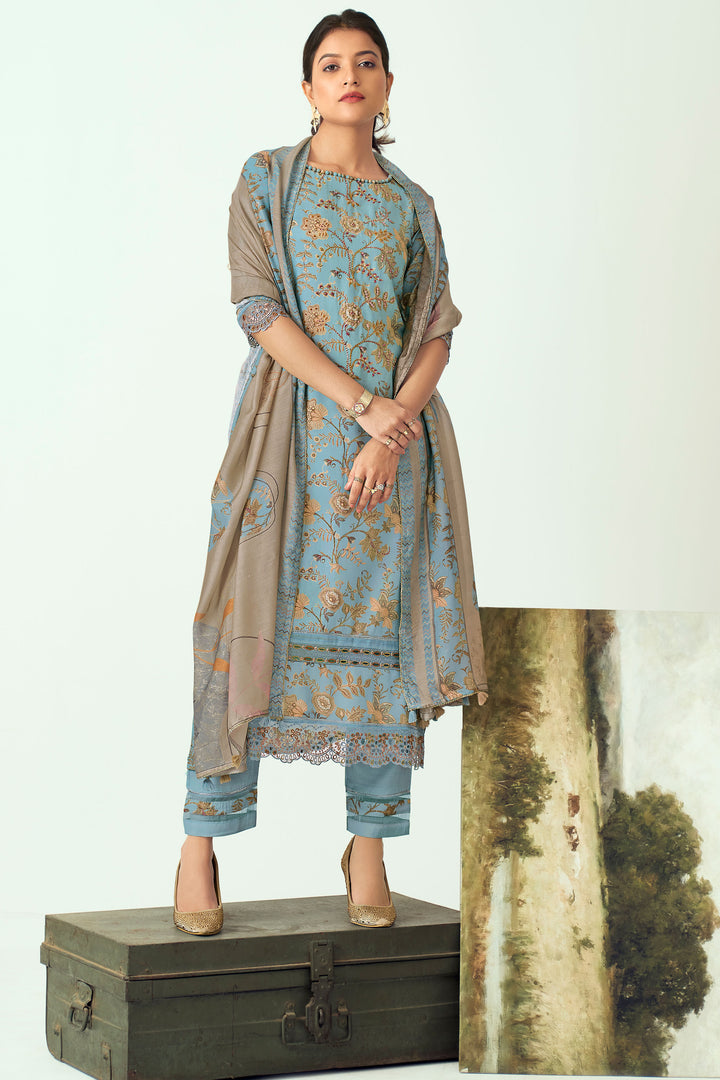 Muslin Silk Fabric Sky Blue Color Digital Printed Salwar Suit