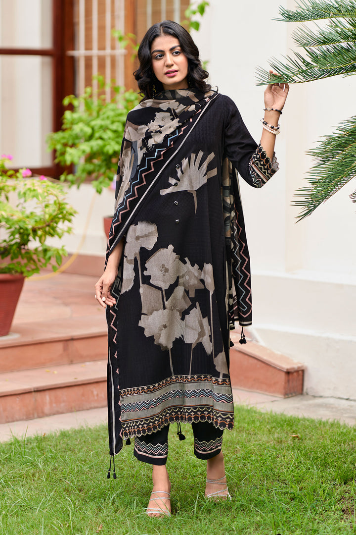 Black Premium Corduroy Printed Salwar Kameez