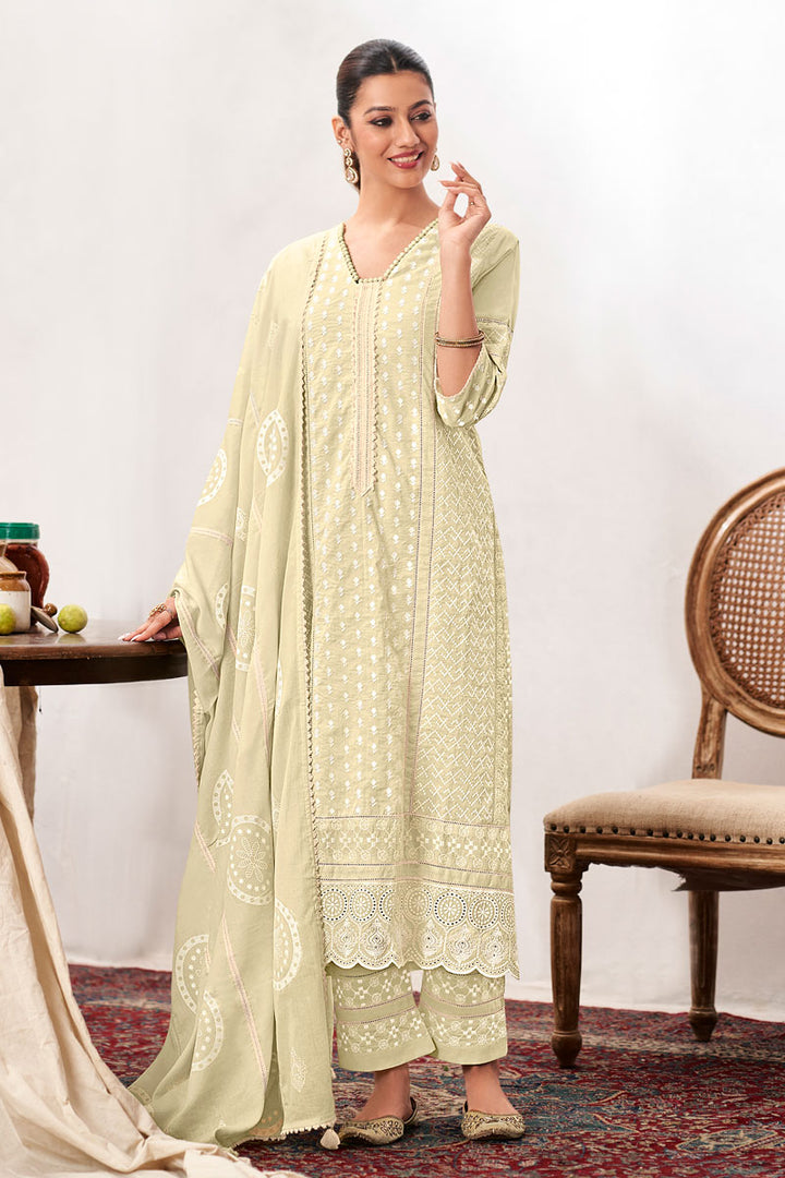 Beige Pure Cotton Heavy Embroidery Patchwork Long Salwar Suit