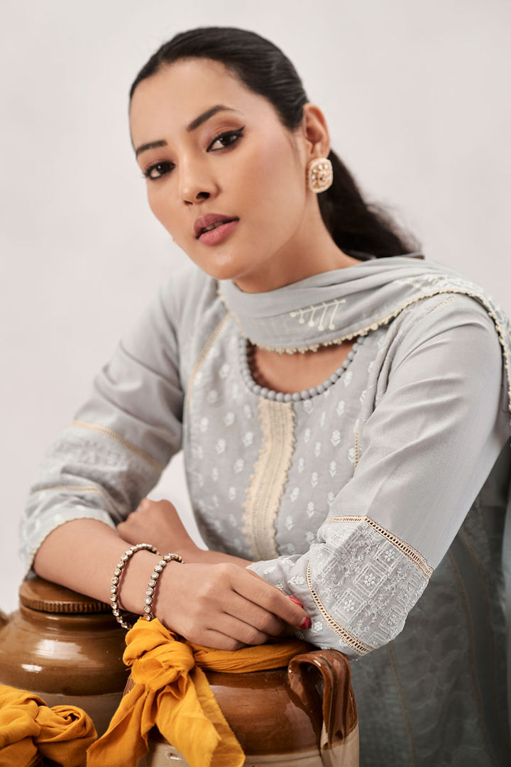 Grey Pure Cotton Heavy Embroidery Patchwork Long Suit