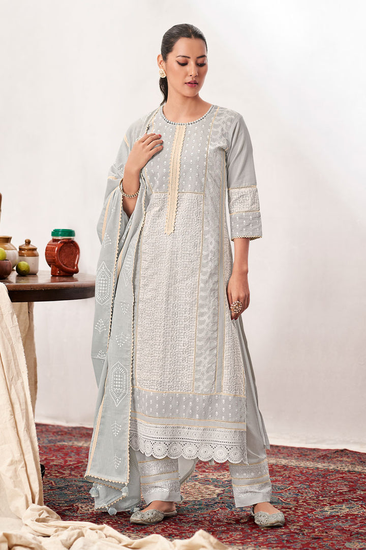 Grey Pure Cotton Heavy Embroidery Patchwork Long Suit